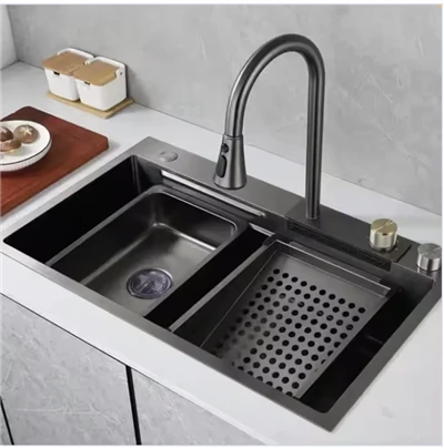 Rak Wastafel Dapur Mangkuk Tunggal Mewah Besar Organizer Keran Air Terjun Baja Tahan Karat Multifungsi dengan Dua Lubang